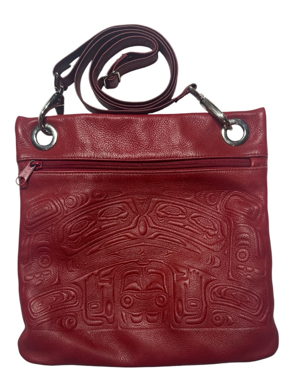 SPIRIT OF THE WILD Crossbody Red Genuine Leather Embossed Bear Box with Strap